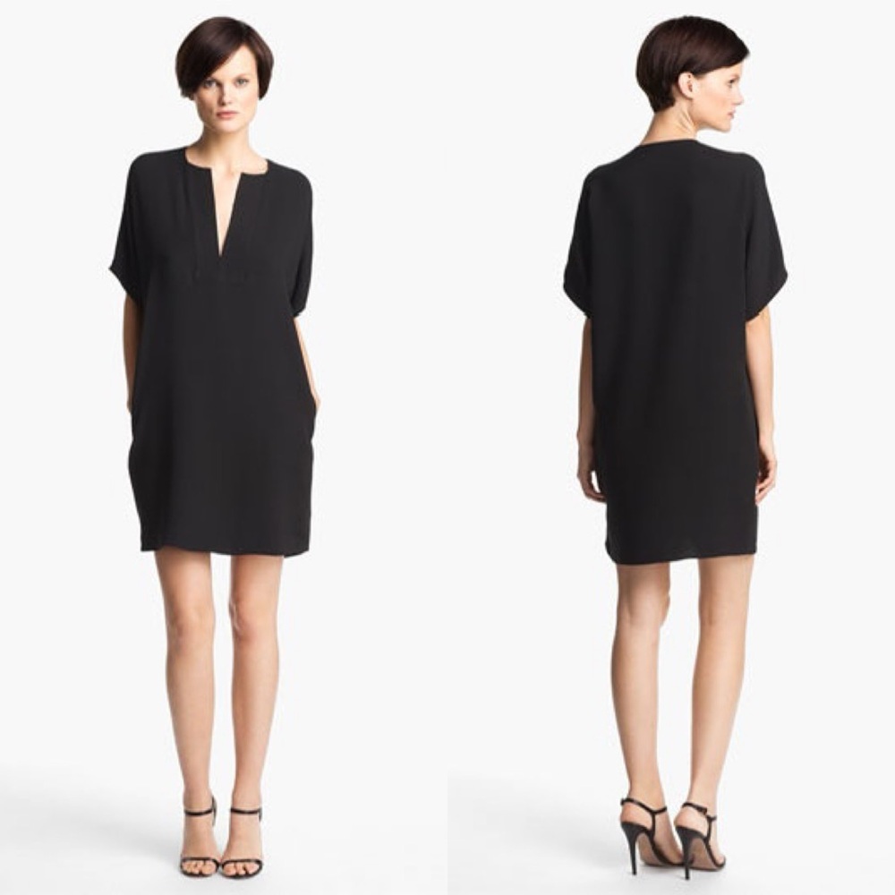 Vince Black Silk Tunic Mini Pop Over V Neck Drape Dress Size M